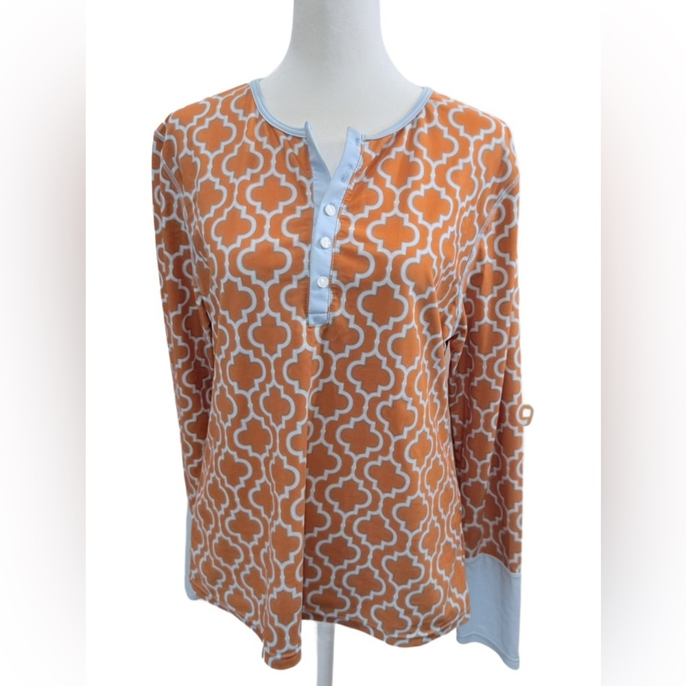 Cabana Life Orange and White Geometric Sport Top. Large